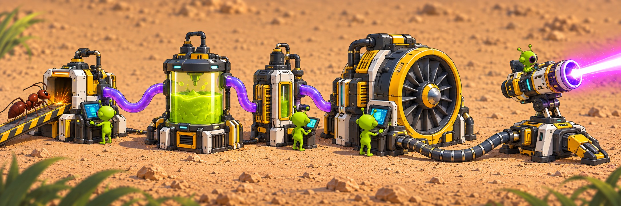 Small green aliens operating connected machines that turn bug juice into power for a defense turret.