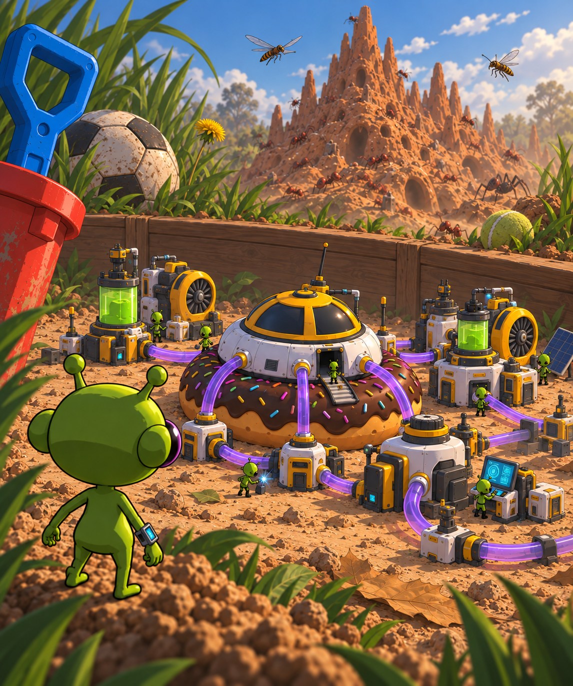 Small green aliens and connected power machinery in a garden, with a towering insect colony in the background.